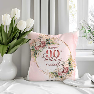 Rose Gold Light Pink Floral 90th Birthday Pillow