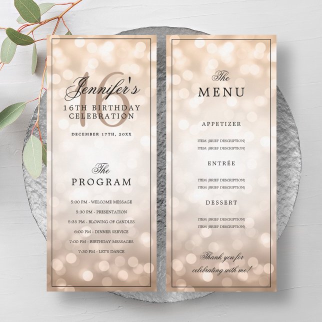 Rose Gold Lights 16th Birthday Program Menu  Invitation (Rose Gold Lights 16th Birthday Program Menu )