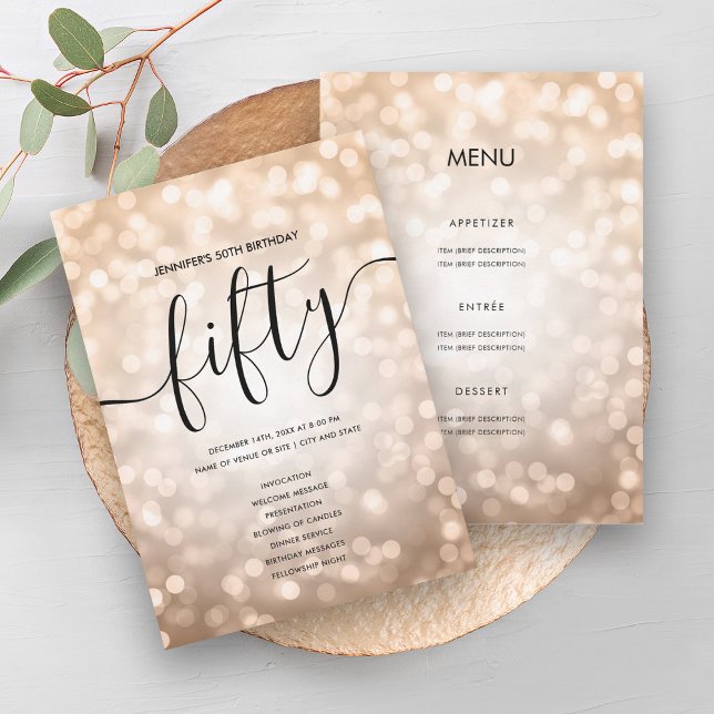 Rose Gold Lights 50th Birthday Menu Program Invitation (Rose Gold Lights 50th Birthday Menu Program)