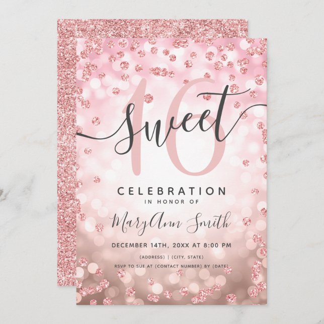 Rose Gold Lights Glitter Confetti 16th Birthday Invitation (Front/Back)