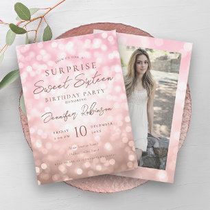 Rose Gold Lights Photo SURPRISE Sweet 16 Invitation