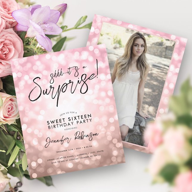 Rose Gold Lights Photo Surprise Sweet 16 Invites  (Rose Gold Lights Photo Surprise Sweet 16 Invites )