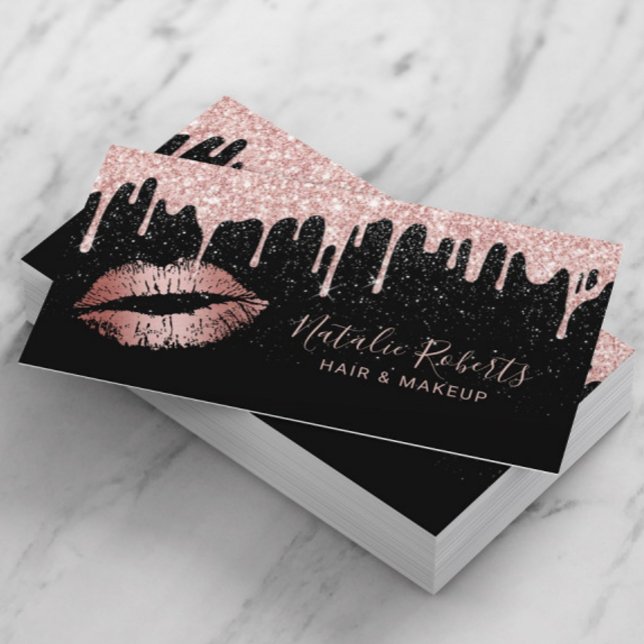 Rose Gold Lips Glam Glitter Drips Beauty Salon Business Card (Creator Uploaded)