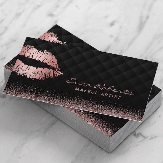 Rose Gold Lips Kiss Luxury Black Beauty Salon Business Card (Creator Uploaded)