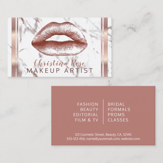 Rose Gold Lips Marble Makeup Artist Cosmetologist Business Card (Front/Back)