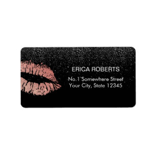 Rose Gold Lips Modern Black Glitter Beauty Salon Label