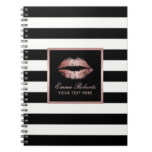 Rose Gold Lips Modern Black & White Stripes Spiral Notebook