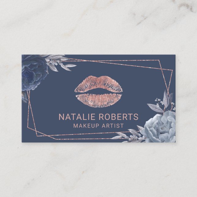Rose Gold Lips Navy Floral Geometric Makeup Artist Business Card (Front)