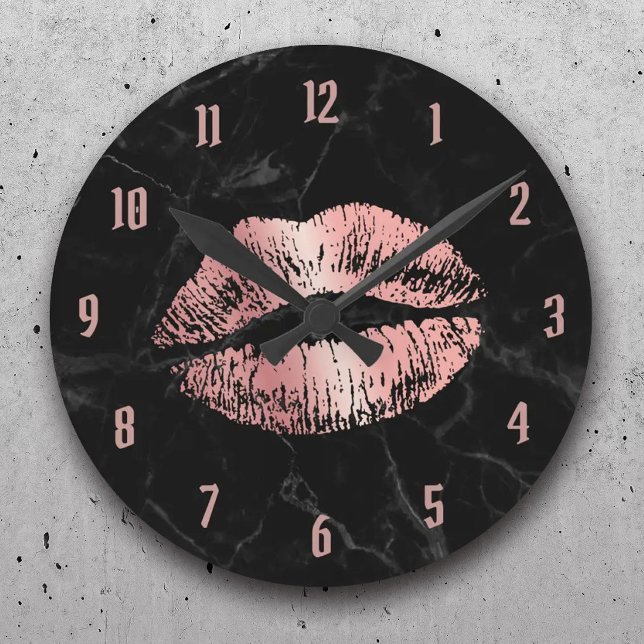 Rose Gold Lipstick Kissing Modern Black Marble Round Clock (Creator Uploaded)