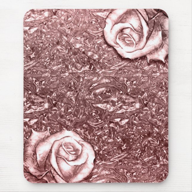 Rose Gold Liquid Chrome Metallic Chic Glam Floral Mouse Pad (Front)