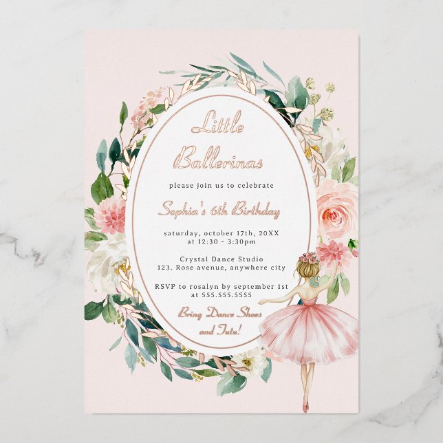 Rose Gold Little Ballerina Floral Kids Birthday  (Front)