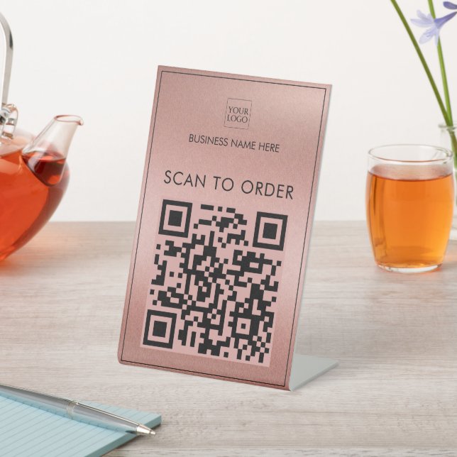 Rose Gold Logo Business Scan To Order Pay QR Code Pedestal Sign (In SItu)