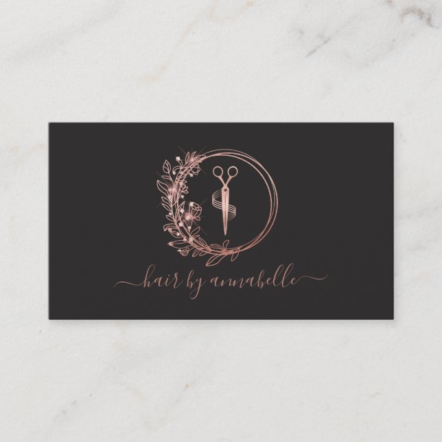 Rose Gold Logo Hairstylist Business Card (Front)