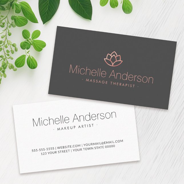 Rose gold lotus flower elegant minimalist grey spa business card (Creator Uploaded)