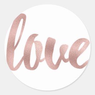 Rose gold love stickers, foil font, small classic round sticker
