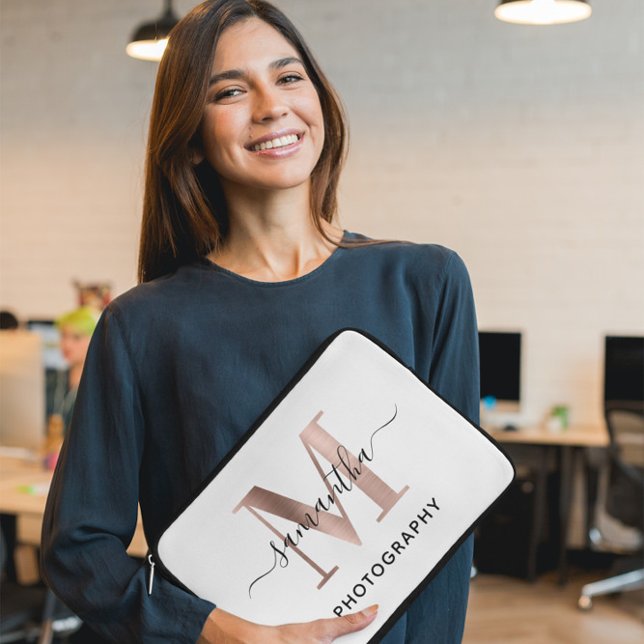  Rose Gold M Monogram Elegant Signature Logo Laptop Sleeve (Need a different monogram letter? Send a request to the creator.)