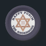 Rose Gold Magen David Star Happy Purim Party Paper Plate<br><div class="desc">Set a festive party table with these custom Happy Purim paper plates in blue and white with a faux glitter rose gold Magen Daveid star and your custom text. The deep navy blue is the background for a white centre, matching dark blue text that can be personalised with your name...</div>