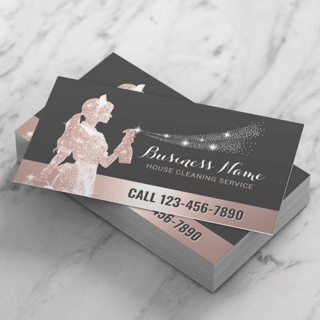 Rose Gold Maid Cleaning Service House Keeping Business Card (Creator Uploaded)