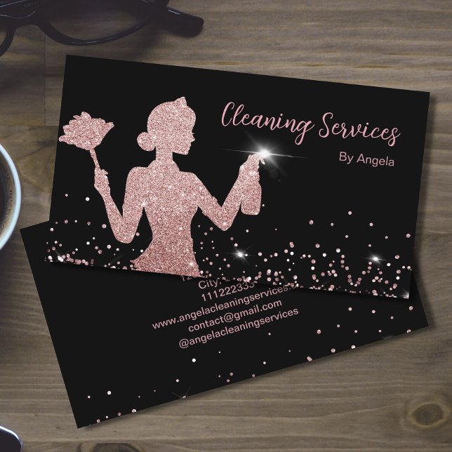 Rose Gold Maid Cleaning Services Sparkling Glitter Business Card (Creator Uploaded)