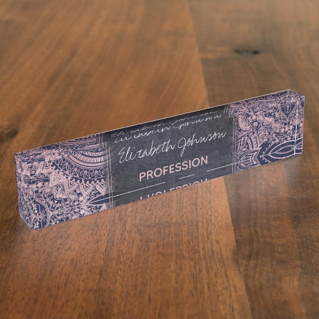 Rose Gold Mandala Collection Blue Design Nameplate (Side)
