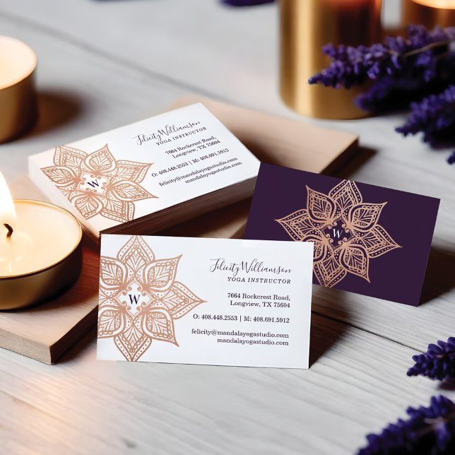 Rose Gold Mandala & Dark Purple Plum Monogram Business Card (Rose Gold Mandala & Dark Purple Plum Monogram Business Card)