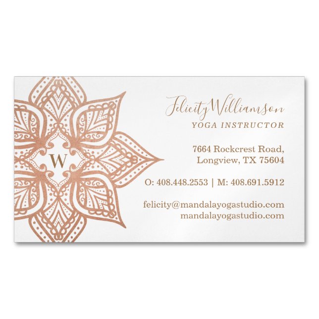 Rose Gold Mandala Lotus Flower Monogram Magnetic Business Card (Front)