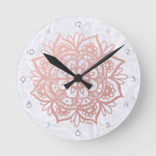 Rose Gold Mandala on White Marble Wall Clock