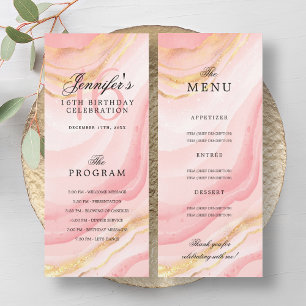 Rose Gold Marble 16th Birthday Program Menu Invitation