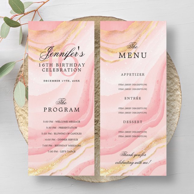 Rose Gold Marble 16th Birthday Program Menu  Invitation (Rose Gold Marble 16th Birthday Program Menu )
