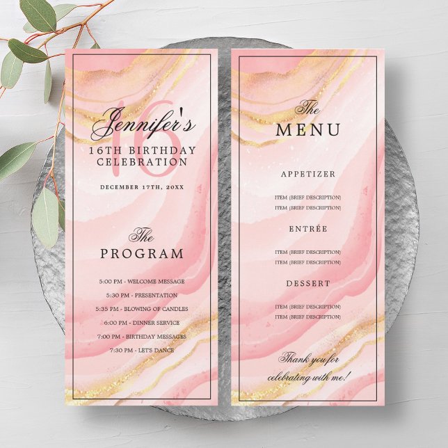 Rose Gold Marble 16th Birthday Program Menu  Invitation (Rose Gold Marble 16th Birthday Program Menu )