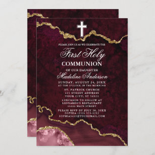 Rose Gold Marble Agate Geode First Holy Communion Invitation