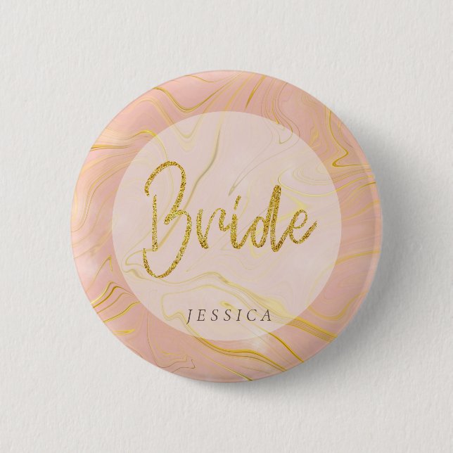Rose Gold Marble Agate Glitter Bride Button (Front)