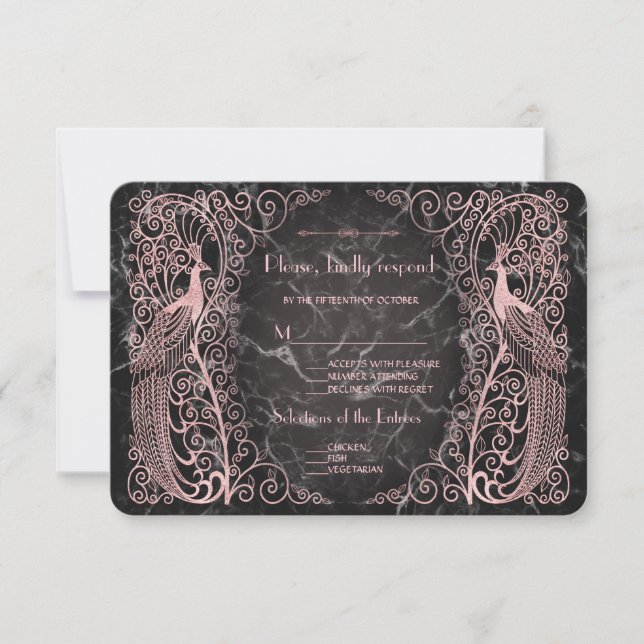 Rose Gold Marble Art Deco Peacocks RSVP (Front)
