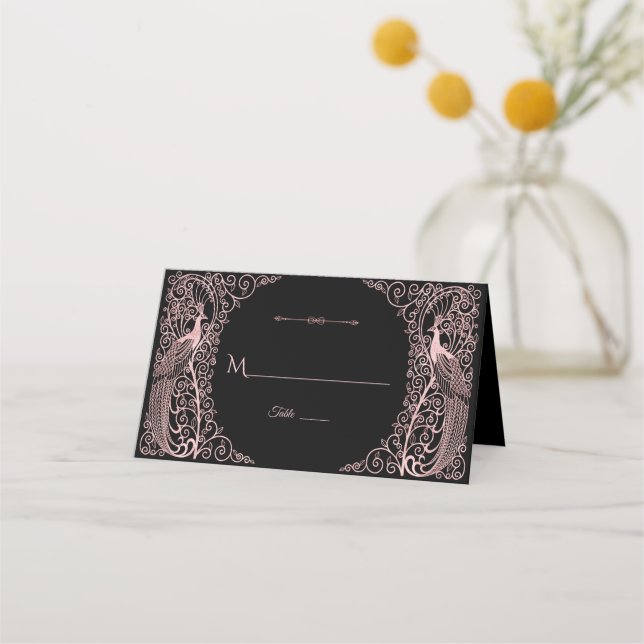 Rose Gold Marble Art Deco Peacocks Save The Date Place Card (Front)