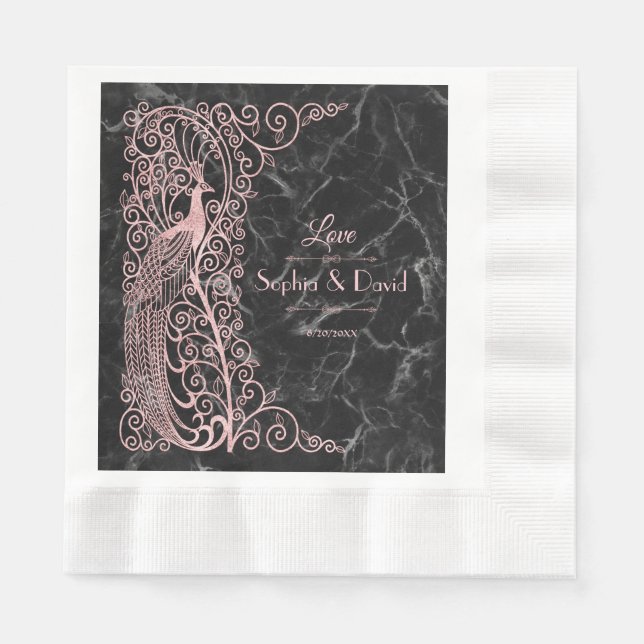 Rose Gold Marble Art Deco Peacocks Wedding Napkin (Front)