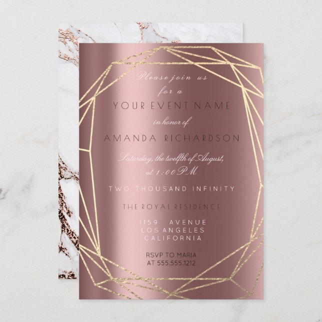 Rose Gold Marble Bridal Birthday Poligonal Frame Invitation (Front/Back)