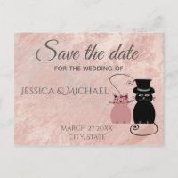 Rose gold marble cartoon cats save the date