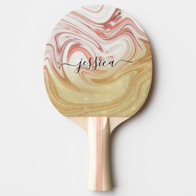 Rose gold marble girly script name ping pong paddle (Front)
