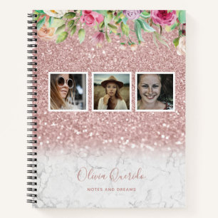 Rose Gold Marble Glitter Floral Name Photo Collage Notebook