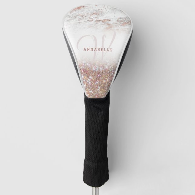 Rose Gold Marble & Glitter Monogram  Golf Head Cover (Front)