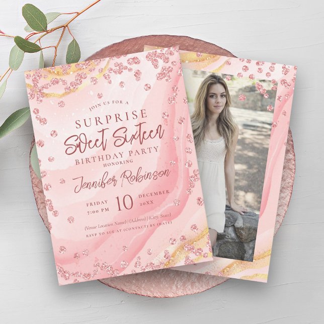 Rose Gold Marble Glitter Photo SURPRISE Sweet 16   Invitation (Rose Gold Marble Glitter Photo SURPRISE Sweet 16 Invitation)