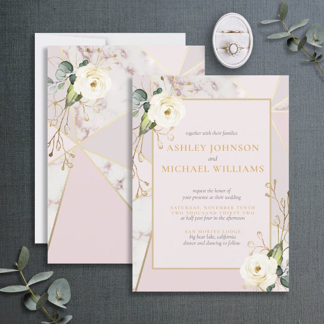 Rose Gold Marble Gold Geometric Eucalyptus Floral Invitation (Creator Uploaded)