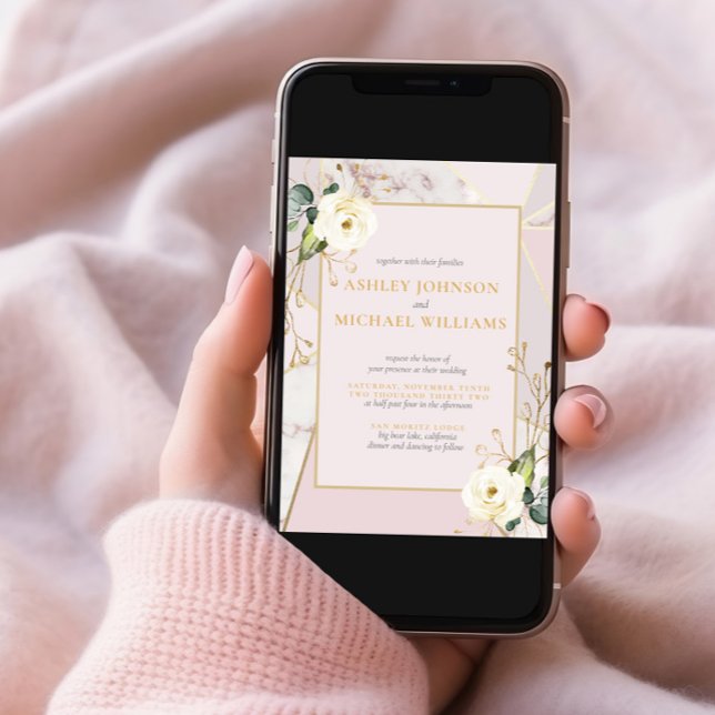 Rose Gold Marble Gold Geometric Eucalyptus Floral Invitation (Creator Uploaded)