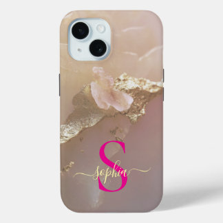 Rose gold marble gold glitter monogram iPhone 15 case