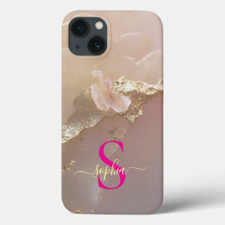 Rose gold marble gold glitter monogram iPhone 13 case