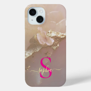 Rose gold marble gold glitter monogram iPhone 15 case
