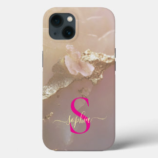 Rose gold marble gold glitter monogram iPhone 13 case