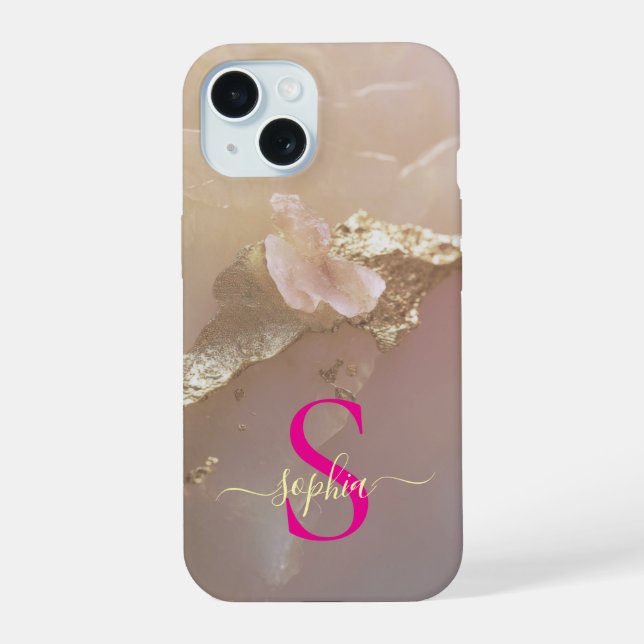 Rose gold marble gold glitter monogram iPhone 15 case (Back)
