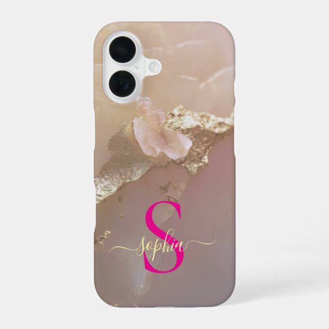 Rose gold marble gold glitter monogram iPhone 16 case (Back)