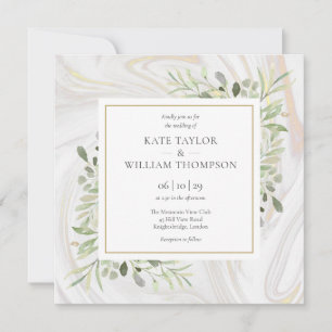 Rose Gold Marble Greenery Leaves Wedding Invitation